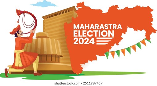  Afiche de las elecciones de Maharashtra de 2024 con el esquema del mapa y el soplador de cuerno tradicional