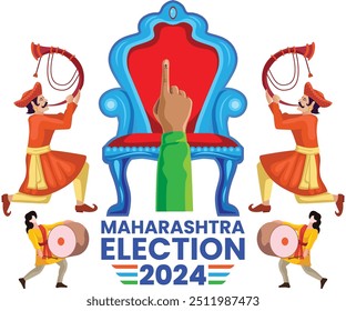 Elecciones de Maharashtra 2024 con músicos tradicionales e ilustración de la silla real