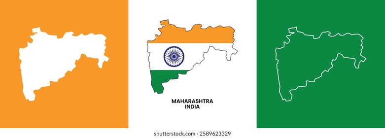 Maharashtra map vector, Map of Indian state Maharashtra premium vector illustration, Maharashtra vector map with indian flag. Maharashtra vector map with line art.
