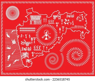 
Maharashtrian culture, economy, people, shown in warli painting. illustration, drawing, painting, wall art.
