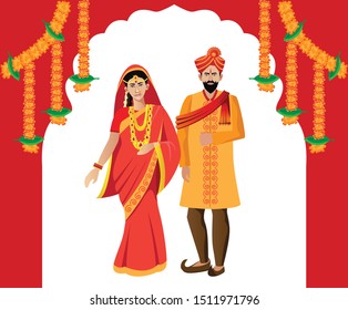 maharashtrian, hindu couple standing for wedding, bride and bridegroom in decoration vector illustration