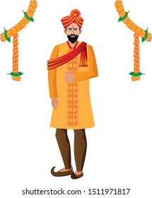 maharashtrian, hindu man standing for wedding, bridegroom vector illustration