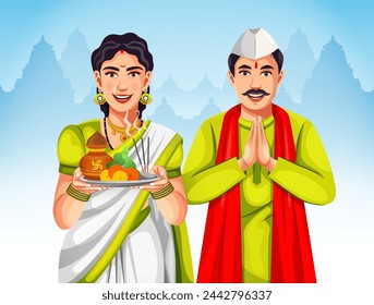 Maharashtrian Marathi Indian young couple illustration performing Gudi Padwa pray in traditional clothes. Marathi new year celebration