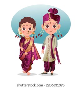 Maharashtrian wedding couple vector illustration