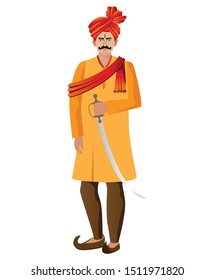 maharastrian, hindu man standing with sward and feta isolated vector illustration