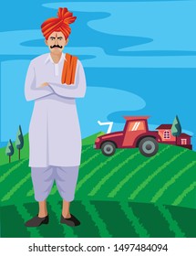 maharastrian man with feta and tilak standing in farm