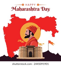 Maharshtra Day Celebration with Maharshtra Map and Shivaji Maharaj greeting card banner Vector