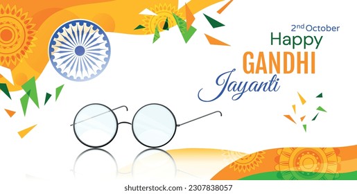 Mahatma Gandhi banner. Glasses next to flag with traditional Indian holiday 2nd October. Patriotism and freedom, culture and traditions of country. Cartoon flat vector illustration