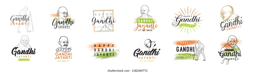 Mahatma Gandhi Jayanti - Birthday. 2nd of October. Indian national hero. Vector typography or logo design set.