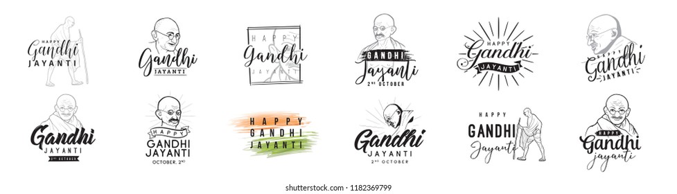 Mahatma Gandhi Jayanti - Birthday. 2nd of October. Indian national hero. Vector typography or logo design set.