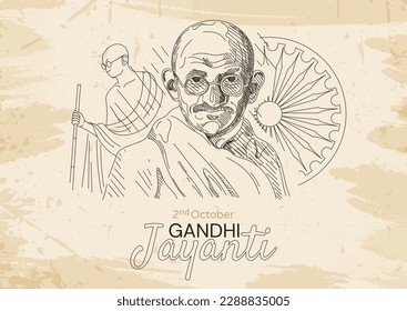 Afiche del esquema de Mahatma Gandhi Jayanti. Fiesta o festival tradicional indio. Memoria del héroe nacional y luchador por la libertad y la independencia. Segundo Octubre. Dibujo vectorial plano de dibujos animados