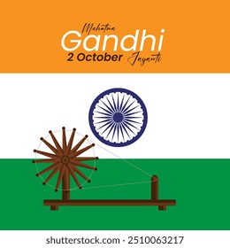 Texto de Mahatma Gandhi Jayanti com uma charkha no fundo de uma bandeira indiana simbolizando o nacionalismo