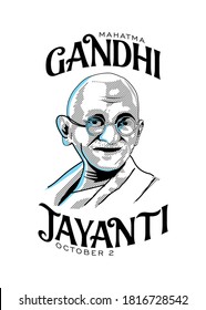 Mahatma Gandhi line drawing vector with Gandhi Jayanti Text White Background