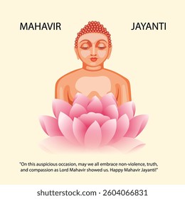 Mahavir Jayanti Festival Illustration – Lord Mahavir Sitting in Meditation on a Lotus Flower, Symbolizing Peace, Non-Violence, and Enlightenment in Jainism, Perfect for Greetings