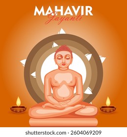 Mahavir Jayanti Festival Illustration – Peaceful Lord Mahavir in Meditation with Glowing Diyas and Sacred Chakra, Perfect for Jain Religious Posters, Greeting Cards, and Digital Art