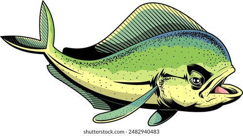 Mahi Mahi Or Dolphin Fish Swims Underwater Graphic Design. Vector Hand Drawn Illustration Isolated On Transparent Background