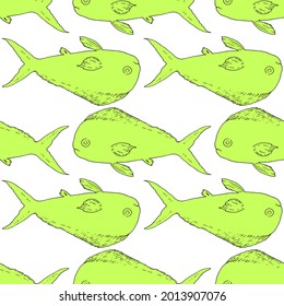 Mahi mahi o pez delfín. Patrón vectorial sin fisuras de los peces marinos de Coryphaena verde.un patrón de un pez Coryphaea del océano dibujado a mano en el estilo de esbozo, verde claro, situado en diferentes horizontes 