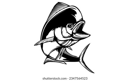 emblema de Mahi mahi. Ilustración de vectores de pesca Mahi. Alimentos saludables. Pesca de agua salada. Pescado delfín.