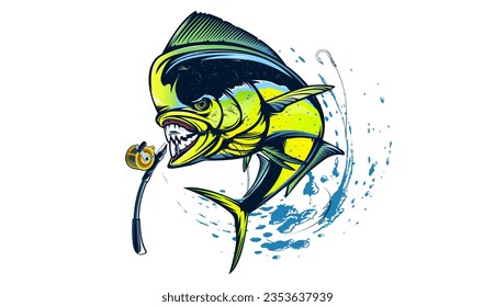 emblema de Mahi mahi. Ilustración vectorial de la pesca. Alimentos saludables. Pesca de agua salada. Pescado delfín.