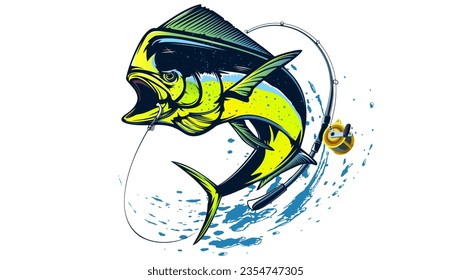 emblema de Mahi mahi. Ilustración vectorial de la pesca. Alimentos saludables. Pesca de agua salada. Pescado delfín.