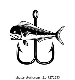 Mahi mahi fish and crossed fishing hooks. Design element for logo, emblem, sign, poster, t shirt. Vector illustration