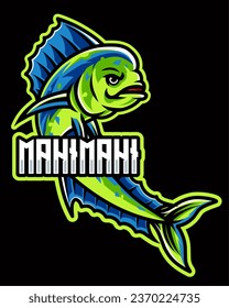 Mahi Mahi fish mascot logo isolated on dark background suitable for fishing logo