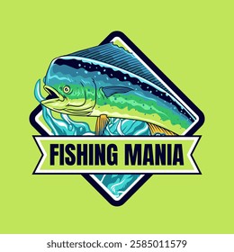 Mahi mahi Fishing Mania Logotype in Vector Cartoon Illustration