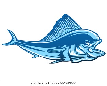 Mahi fishing on white logo illustration. Vector illustration can be used for creating logo and emblem for fishing clubs, prints, web and other crafts.
