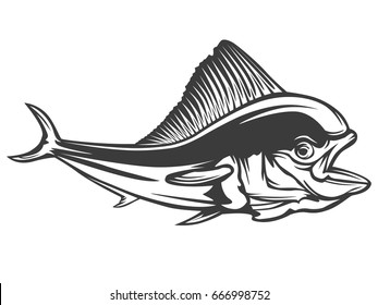 Mahi fishing on white logo illustration. Dolphin fish. Mahi-mahi. Vector illustration can be used for creating logo and emblem for fishing clubs, prints, web and other crafts.