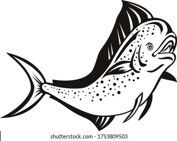 Mahi-mahi or Common Dolphinfish Jump Up Retro Black and White