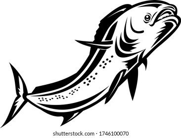 Mahi-mahi or Common Dolphinfish  Jumping Up Retro Black and White