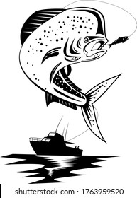 Mahi-mahi Dorado Dolphinfish Jumping Up With Fishing Boat Retro Black and White