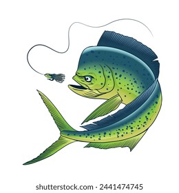 Mahi-Mahi Fish Catching Fishing Lure Hand Drawn Illustration