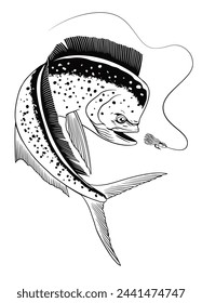 Mahi-Mahi Fish Catching Fishing Lure Illustration Black and White