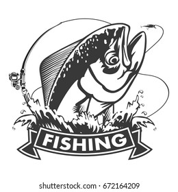 Mahimahi fishing on white logo illustration. Vector illustration of dolphinfish can be used for creating logo and emblem for fishing clubs, prints, web and other crafts.