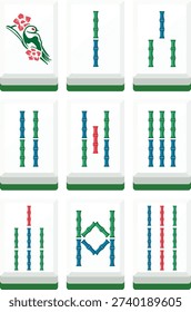 Mahjong bamboo tile set flat vector illustration