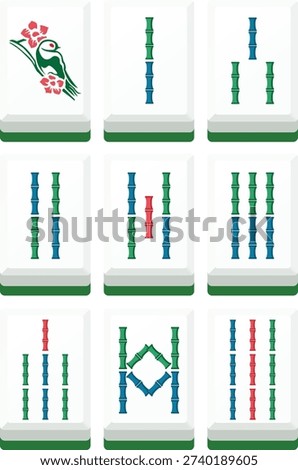 Mahjong bamboo tile set flat vector illustration