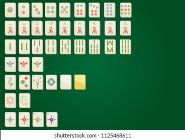 Mahjong Complete Set On Green Background Plus One Blank And One Highlighted, Yellow Tile.