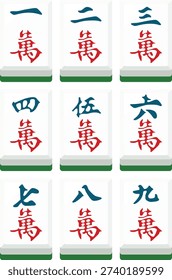 Mahjong crack tile set flat vector illustration. Numbers 1 to 9 Wan suit