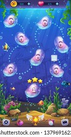 Mahjong fish world - level map on the background of the underwater world. Bright image to create original video or web games, graphic design, screen savers.