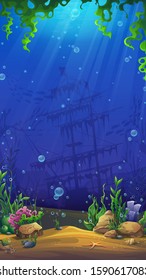 Mahjong fish world - vector background of the underwater world with sand, stones, fish, algae. Bright background image to create original video or web games, graphic design, screen savers.