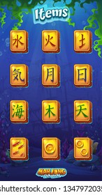 Mahjong fish world - vector illustration mobile format item set fire, water, earth, air, moon, sun, sea, tree, sky. Bright image to create original video or web games, graphic design, screen savers.