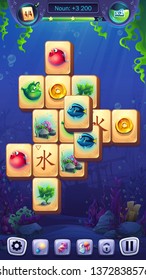 Mahjong fish world - vector illustration mobile format playing field. Bright image to create original video or web games, graphic design, screen savers.