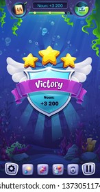 Mahjong fish world - vector illustration mobile format victory window. Bright image to create original video or web games, graphic design, screen savers.