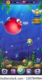 Mahjong fish world - vector mobile format playing field to the computer game. Bright background image to create original video or web games, graphic design, screen savers.