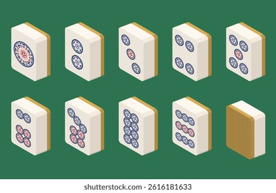 Mahjong tiles for Qing Mahjong, set of 9 types of 3D illustrations, isometric, vector illustration