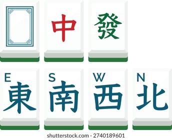 Mahjong wind and dragon tile set flat vector illustration. East, south, west, north and dragon