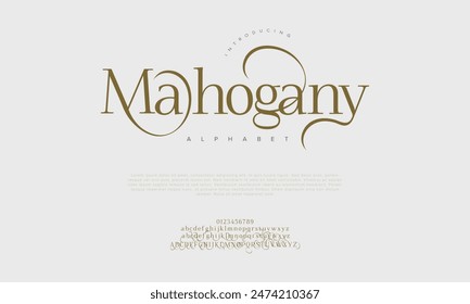 Letras y números de alfabeto elegantes de lujo de caoba. tipografía de boda Antiguas classic serif font decorativo vintage retro. Ilustración vectorial creativa