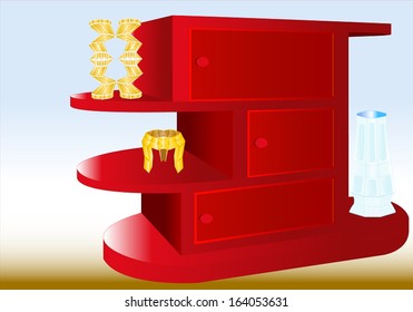 Mahogany storage cabinet in the style of Art Deco with open and closed shelves above the other. The open areas are placed in a glass vase, sculpture and an ashtray in the style of cubism. 