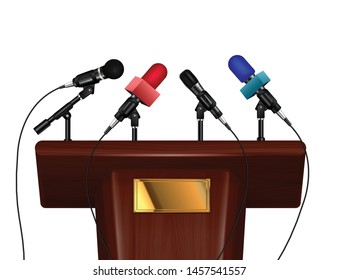 Mahogany tribune with gold plate and four microphones installed on it realistic design concept 3d vector illustration